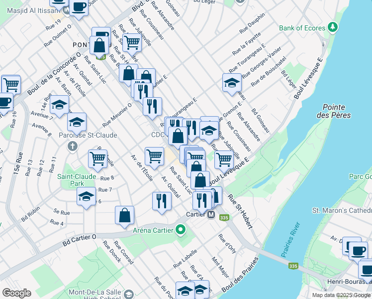 map of restaurants, bars, coffee shops, grocery stores, and more near 2 Rue Grenon Est in Laval