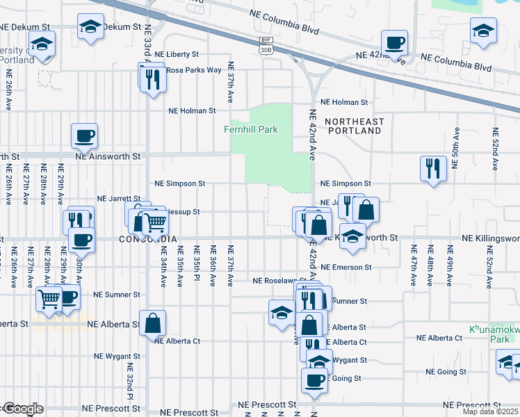 map of restaurants, bars, coffee shops, grocery stores, and more near 5705 Northeast Cesar E Chavez Boulevard in Portland