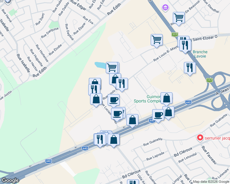 map of restaurants, bars, coffee shops, grocery stores, and more near 4628 Rue Louis-B.-Mayer in Laval