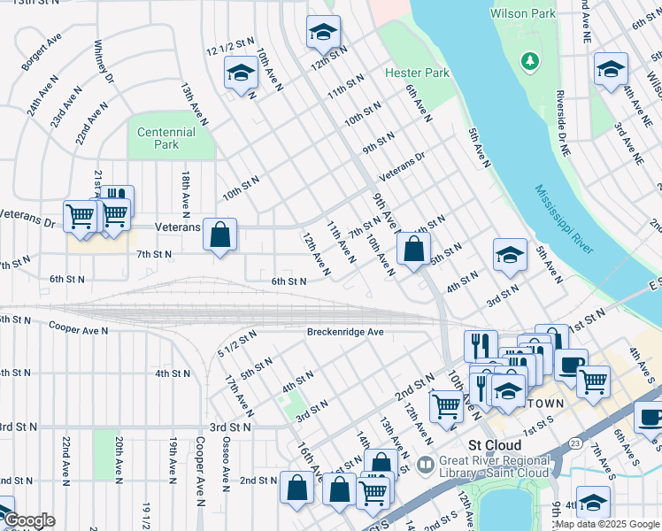 map of restaurants, bars, coffee shops, grocery stores, and more near 614 12th Avenue North in St. Cloud