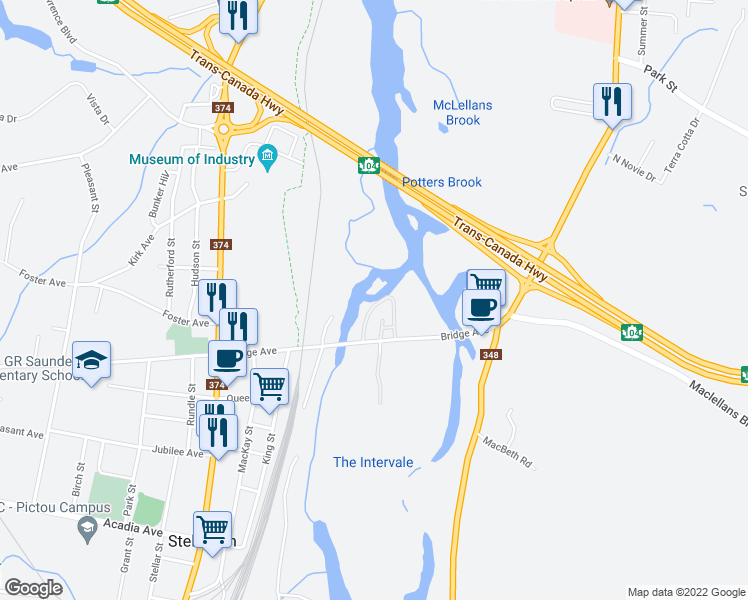 map of restaurants, bars, coffee shops, grocery stores, and more near 29 Twin Rivers Trailer Court Park in Stellarton