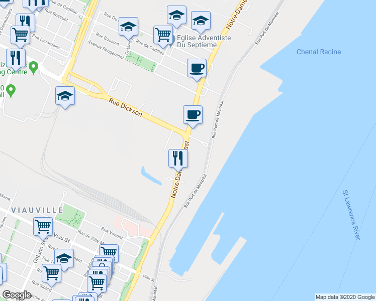 map of restaurants, bars, coffee shops, grocery stores, and more near 5490 Rue Notre-Dame Est in Montréal