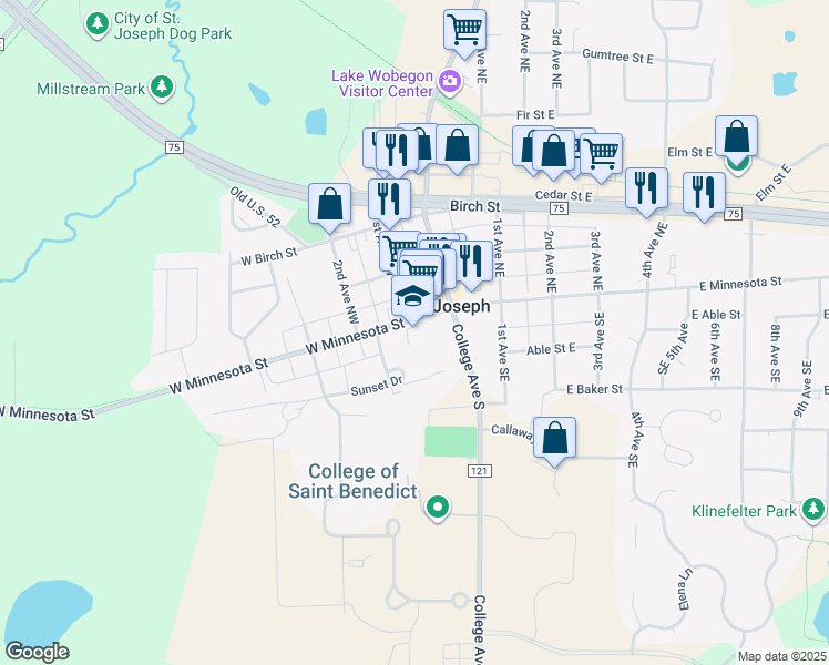 map of restaurants, bars, coffee shops, grocery stores, and more near 32 West Minnesota Street in Saint Joseph