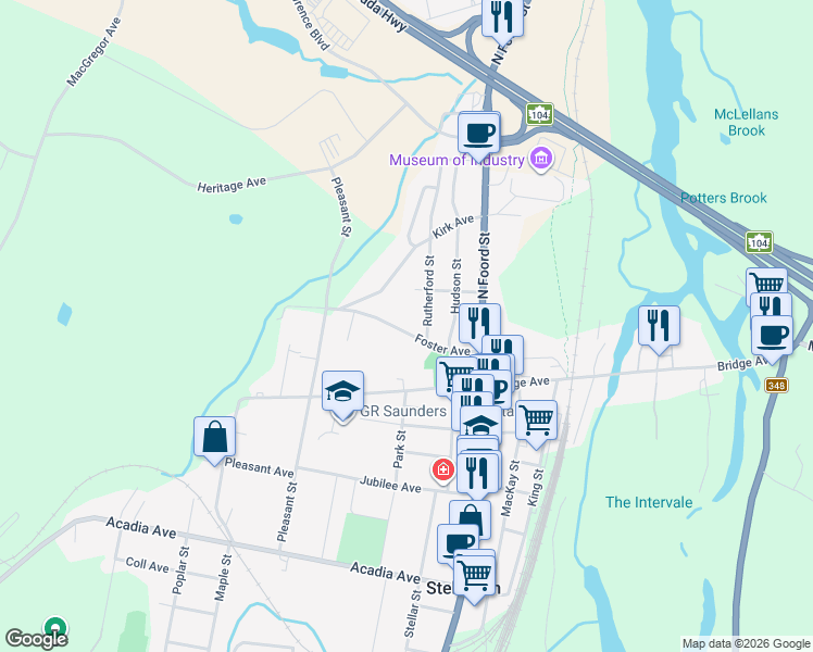 map of restaurants, bars, coffee shops, grocery stores, and more near 28 Foster Avenue in Stellarton