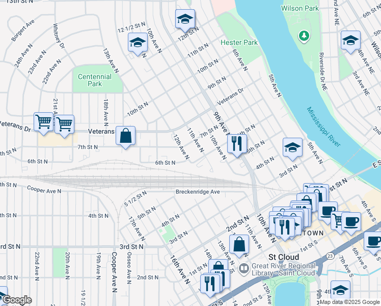 map of restaurants, bars, coffee shops, grocery stores, and more near 614 12th Avenue North in St. Cloud