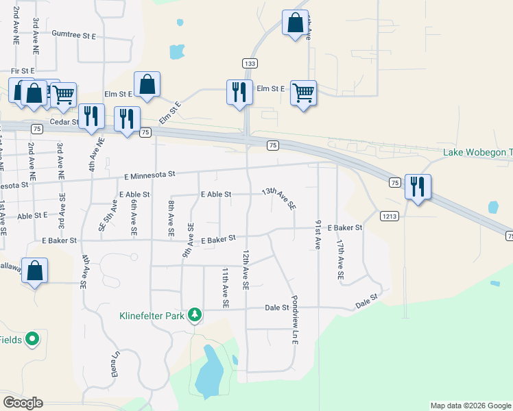 map of restaurants, bars, coffee shops, grocery stores, and more near 108 12th Avenue Northeast in Saint Joseph