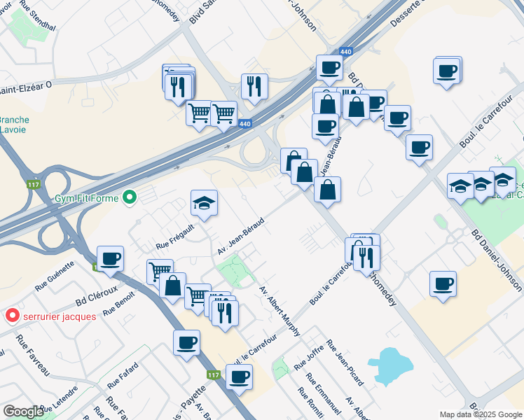 map of restaurants, bars, coffee shops, grocery stores, and more near 3635 Avenue Jean-Béraud in Laval