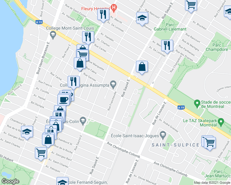 map of restaurants, bars, coffee shops, grocery stores, and more near Rue Francheville in Montreal