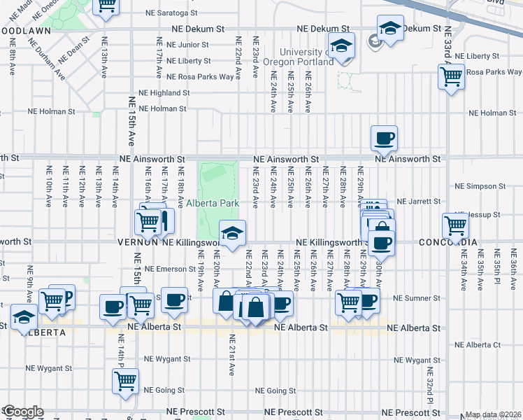 map of restaurants, bars, coffee shops, grocery stores, and more near 5711 Northeast 24th Avenue in Portland