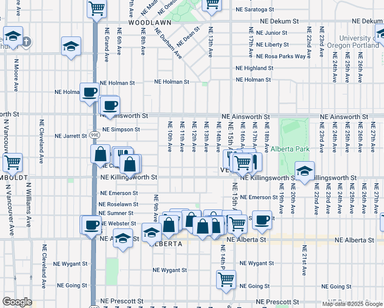 map of restaurants, bars, coffee shops, grocery stores, and more near 5707 Northeast 12th Avenue in Portland