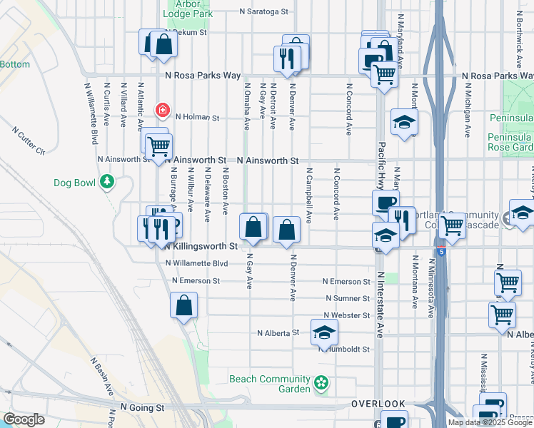 map of restaurants, bars, coffee shops, grocery stores, and more near 5623 North Gay Avenue in Portland