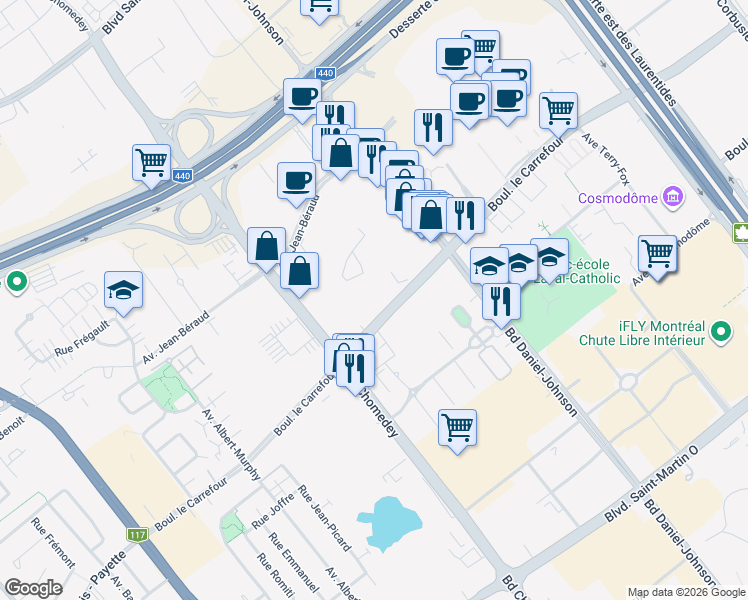 map of restaurants, bars, coffee shops, grocery stores, and more near 3405 Boulevard le Carrefour in Laval