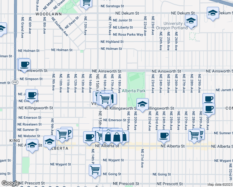 map of restaurants, bars, coffee shops, grocery stores, and more near 5727 Northeast 18th Avenue in Portland