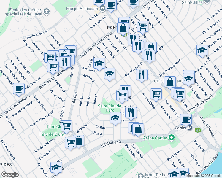 map of restaurants, bars, coffee shops, grocery stores, and more near in Laval