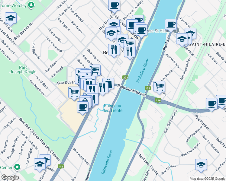 map of restaurants, bars, coffee shops, grocery stores, and more near 57 Rue Brunelle in Beloeil