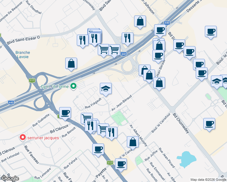 map of restaurants, bars, coffee shops, grocery stores, and more near 3725 Avenue Jean-Béraud in Laval