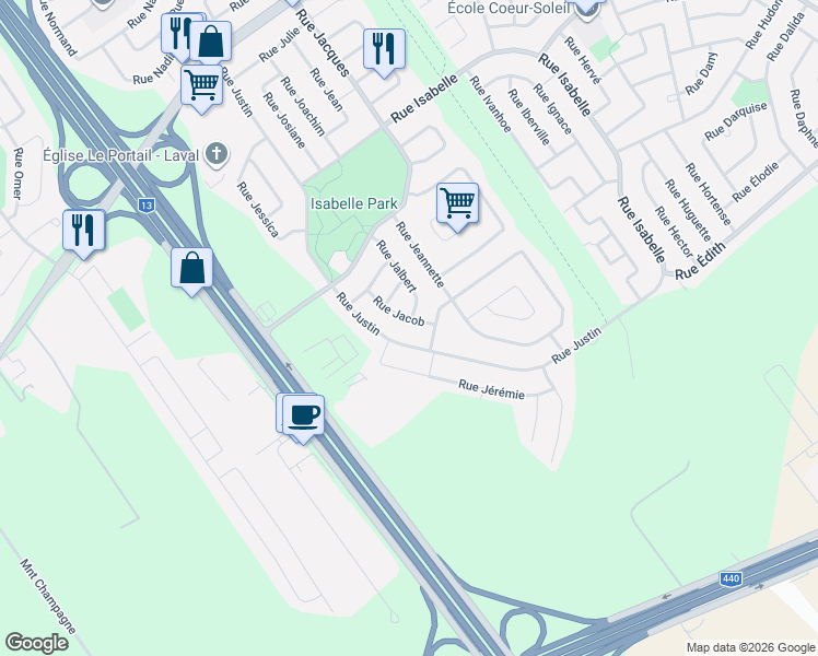 map of restaurants, bars, coffee shops, grocery stores, and more near 356 Rue Jacob in Laval