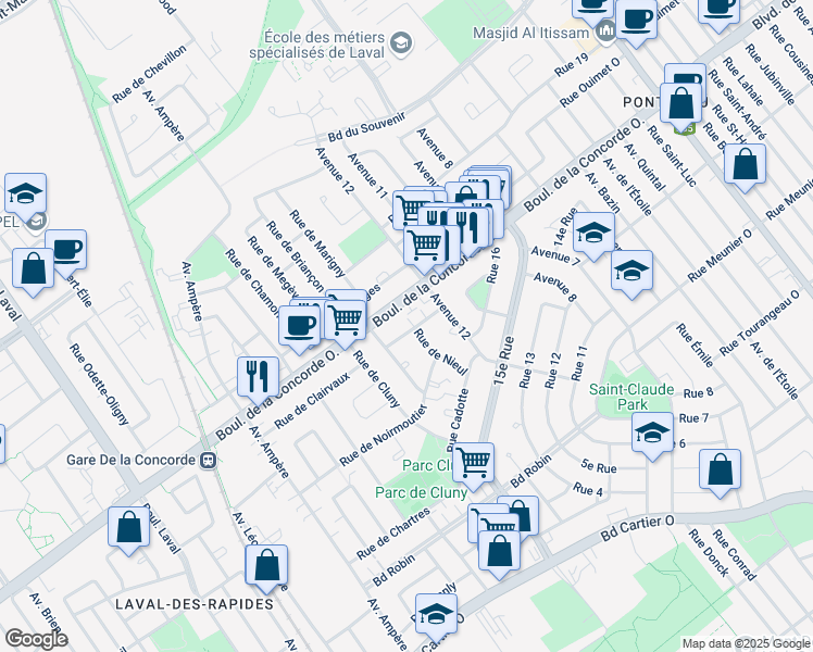 map of restaurants, bars, coffee shops, grocery stores, and more near 345 Rue de Dreux in Laval