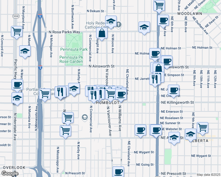 map of restaurants, bars, coffee shops, grocery stores, and more near 5712 North Vancouver Avenue in Portland