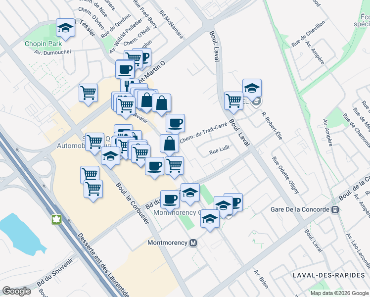 map of restaurants, bars, coffee shops, grocery stores, and more near 1615 Boulevard du Souvenir in Laval