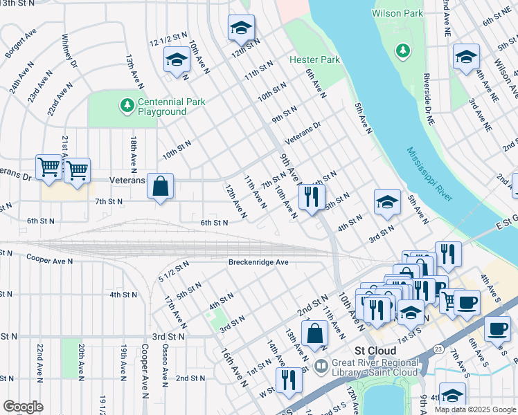 map of restaurants, bars, coffee shops, grocery stores, and more near 609 11th Avenue North in Saint Cloud