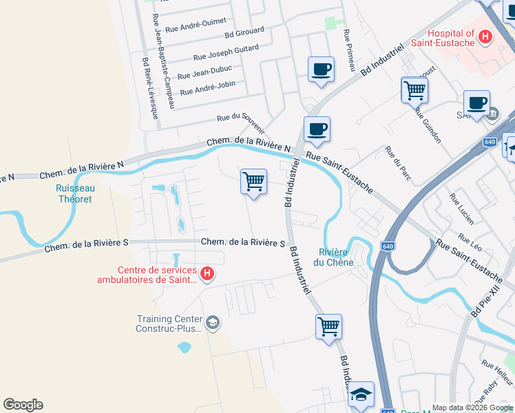 map of restaurants, bars, coffee shops, grocery stores, and more near 218 Rue Roy in Saint-Eustache