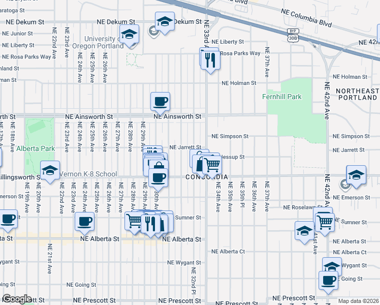 map of restaurants, bars, coffee shops, grocery stores, and more near 5725 Northeast 32nd Place in Portland