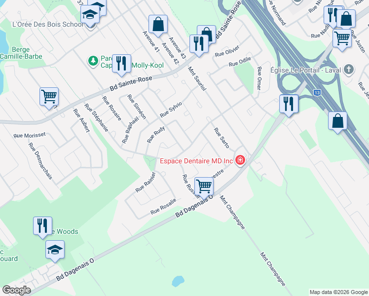 map of restaurants, bars, coffee shops, grocery stores, and more near 771 Rue Sumer in Laval