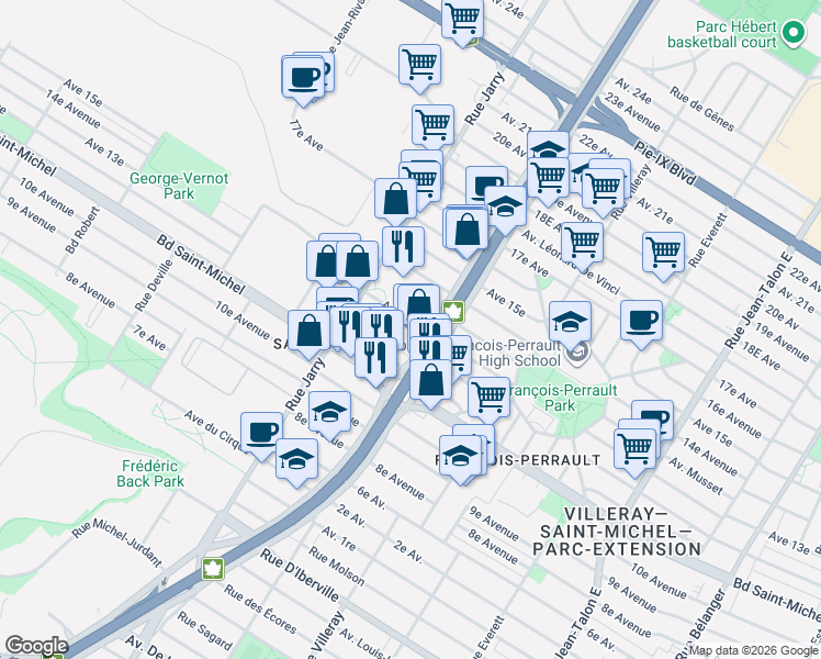 map of restaurants, bars, coffee shops, grocery stores, and more near 7932 13e Avenue in Montréal