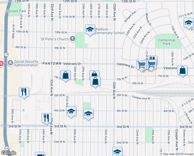 map of restaurants, bars, coffee shops, grocery stores, and more near 701 27th Avenue North in St. Cloud
