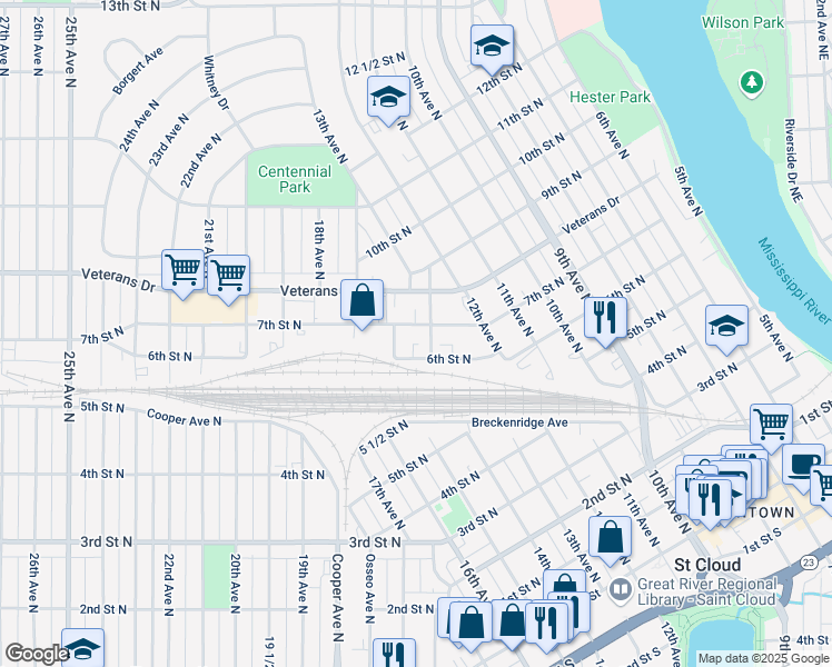map of restaurants, bars, coffee shops, grocery stores, and more near 1510 7th Street North in St. Cloud