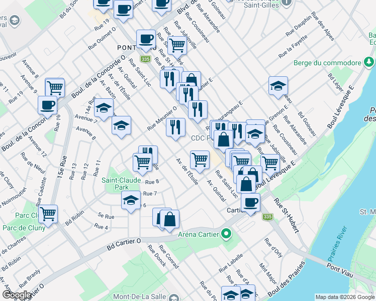 map of restaurants, bars, coffee shops, grocery stores, and more near 115 Avenue Quintal in Laval