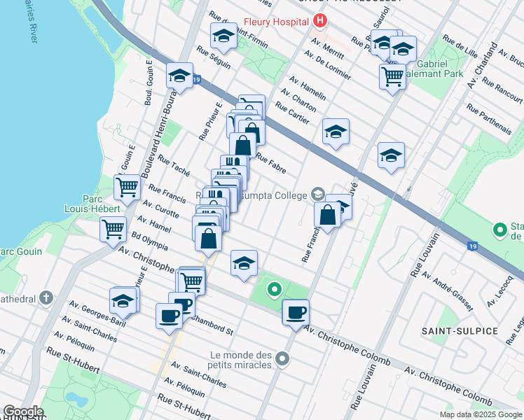 map of restaurants, bars, coffee shops, grocery stores, and more near 1641 Rue Charles Falkner in Montréal