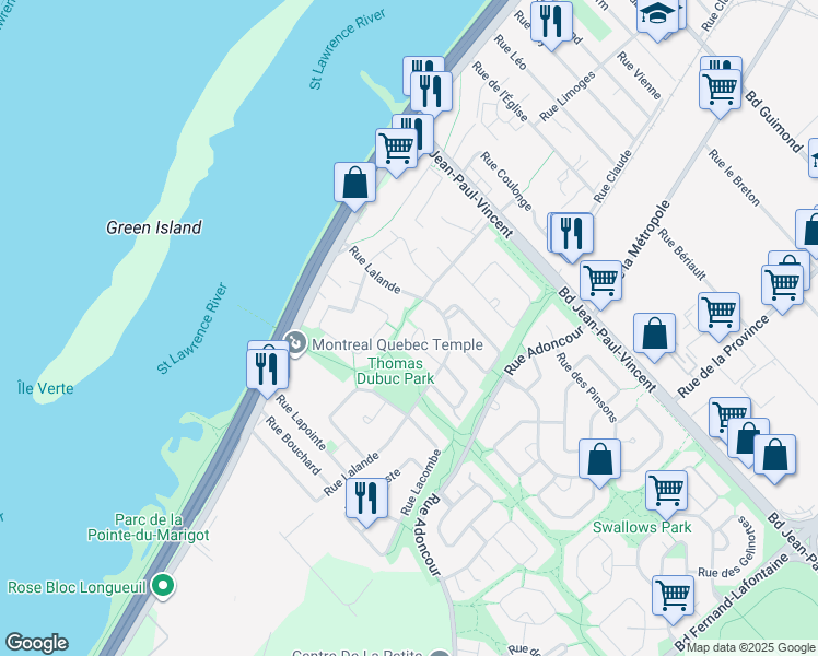 map of restaurants, bars, coffee shops, grocery stores, and more near 1541 Rue Laflamme in Longueuil