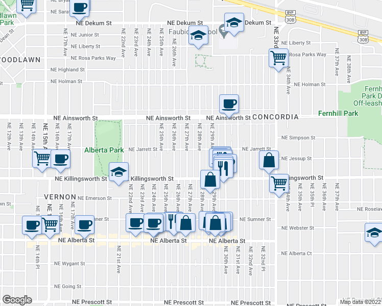 map of restaurants, bars, coffee shops, grocery stores, and more near 5715 Northeast 27th Avenue in Portland