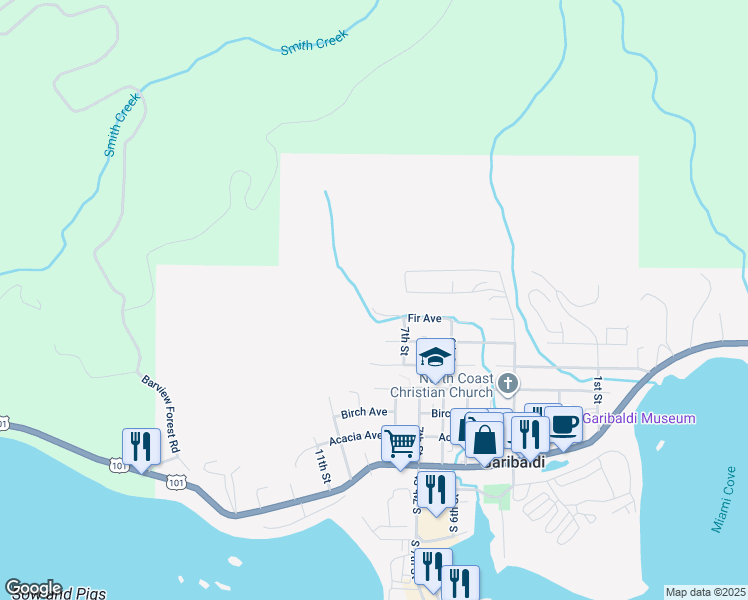 map of restaurants, bars, coffee shops, grocery stores, and more near 708 Fir Avenue in Garibaldi