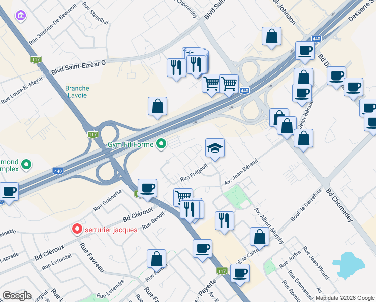 map of restaurants, bars, coffee shops, grocery stores, and more near 3097 Rue Frégault in Laval