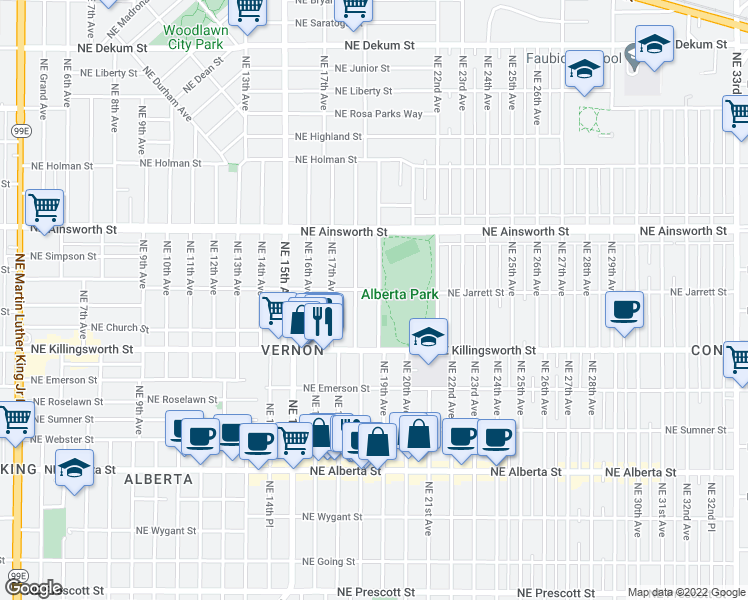 map of restaurants, bars, coffee shops, grocery stores, and more near 5705 Northeast 19th Avenue in Portland
