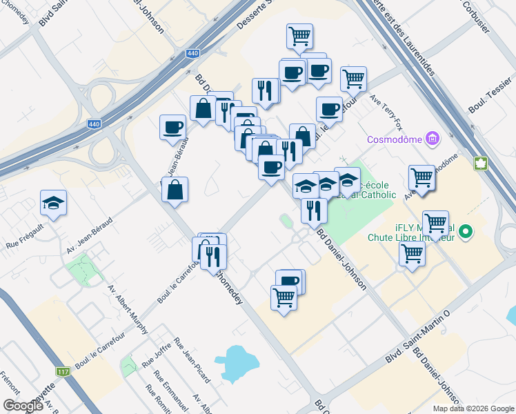 map of restaurants, bars, coffee shops, grocery stores, and more near 3320 Boulevard le Carrefour in Laval