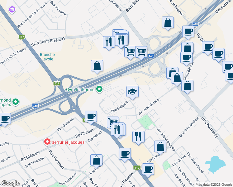 map of restaurants, bars, coffee shops, grocery stores, and more near 3097 Rue Frégault in Laval