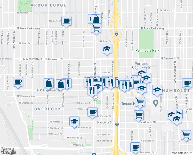 map of restaurants, bars, coffee shops, grocery stores, and more near 5712 North Interstate Avenue in Portland