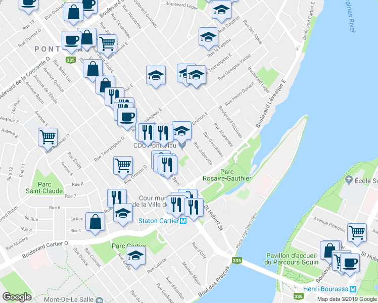 map of restaurants, bars, coffee shops, grocery stores, and more near 51 Rue Lahaie in Laval