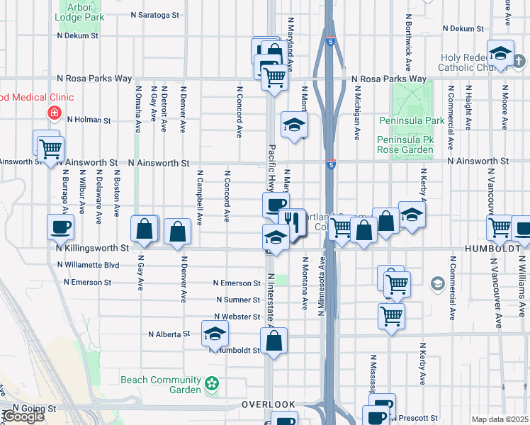 map of restaurants, bars, coffee shops, grocery stores, and more near 5630 North Interstate Avenue in Portland