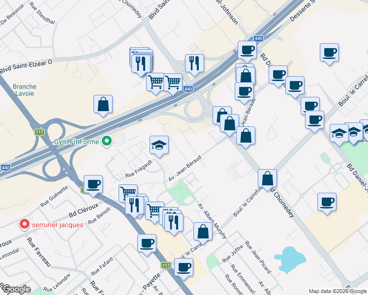 map of restaurants, bars, coffee shops, grocery stores, and more near 3677 Avenue Jean-Béraud in Laval