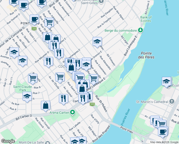 map of restaurants, bars, coffee shops, grocery stores, and more near 51 Rue Lahaie in Laval