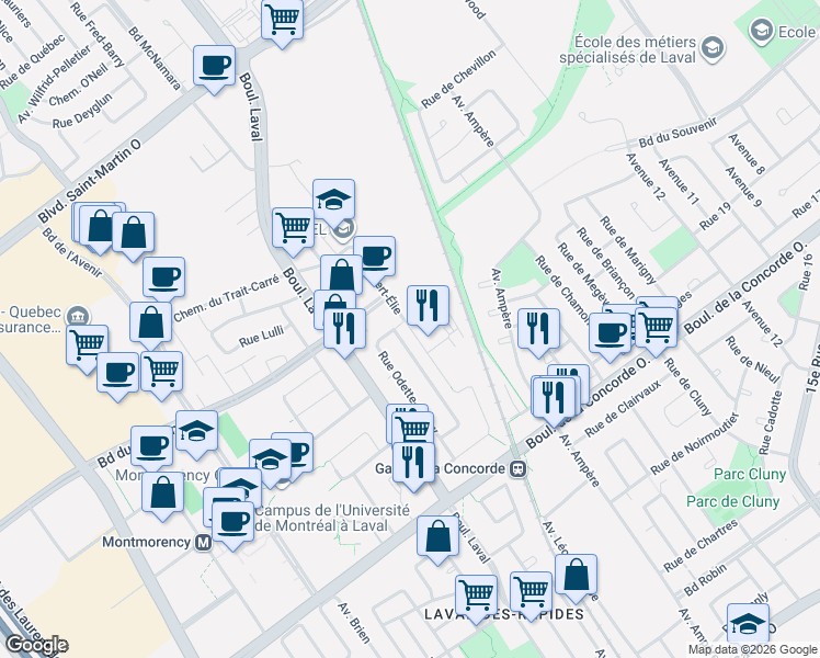 map of restaurants, bars, coffee shops, grocery stores, and more near 651 Rue Robert Élie in Laval