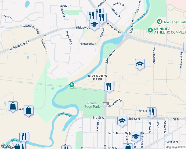 map of restaurants, bars, coffee shops, grocery stores, and more near 3 Rivercrest Drive in St. Cloud
