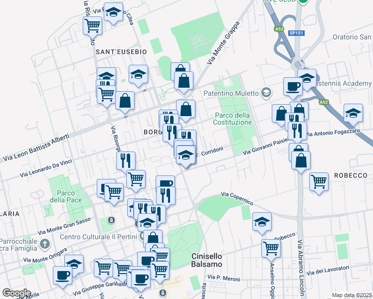 map of restaurants, bars, coffee shops, grocery stores, and more near Via Francesco Cilea in Cinisello Balsamo