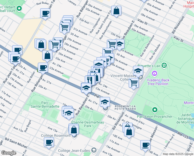 map of restaurants, bars, coffee shops, grocery stores, and more near 4295 Rue Beaubien Est in Montréal