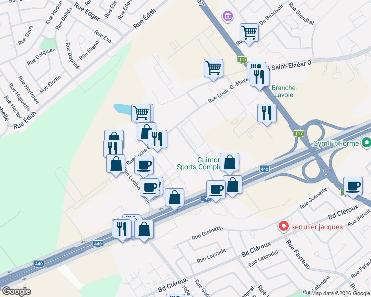 map of restaurants, bars, coffee shops, grocery stores, and more near 2976 Rue Joseph-A.-Bombardier in Laval